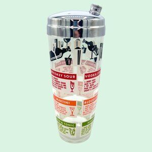 VINTAGE MCM COLORFUL COCKTAIL MARTINI SHAKER & RECIPE GLASS W/ METAL LID!